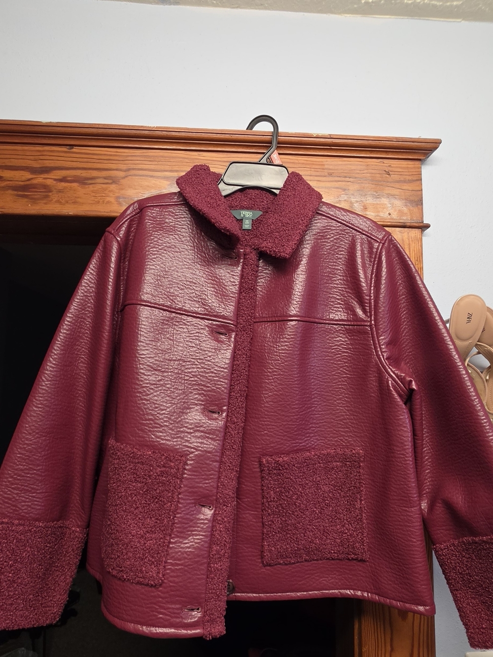 Terra & Sky Burgundy Faux Leather Jacket with Sherpa Accents